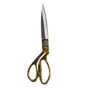 Elegant gold and silver USHA stainless-steel scissors with ergonomic handles, ideal for precise cutting in sewing and crafting projects.