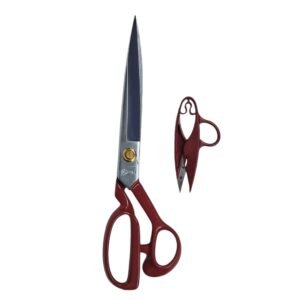 12-inch pin scissors with stainless steel blades and a rubber handle, designed for precise cutting and trimming in tailoring and sewing tasks