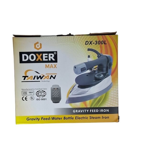 "DOXER DX-300L Steam Iron with 1600W power, 220V voltage, and a lightweight design of 3.5kg, featuring a cross height of 4kg for stable and efficient ironing."