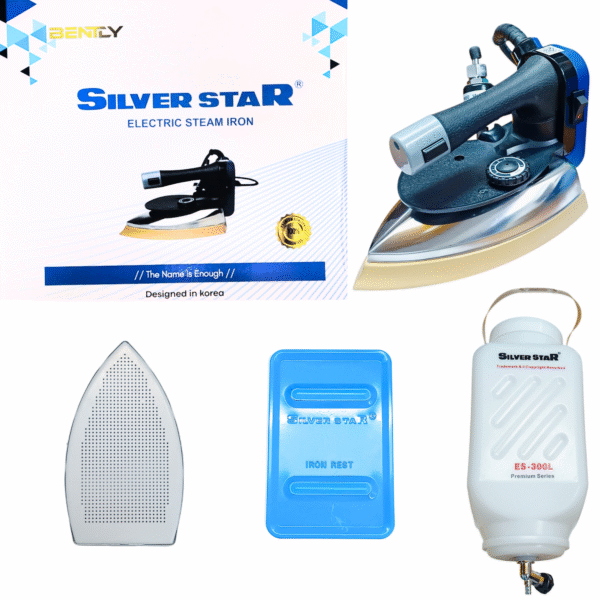 Silver Star ES-300LB Heavy-Duty Gravity Feed Steam Iron – Complete Set with 4Ltr Water Bottle, Iron Shoe & Iron Rest | Commercial Grade